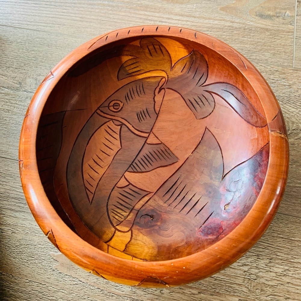 Handcrafted Wooden Bowl with Fish Design
